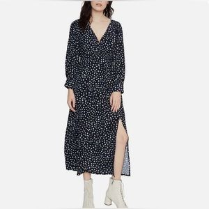 🥈 Sanctuary Niki Long-Sleeve Navy Dot Print Midi Dress Size 12 Cinched NWT $150